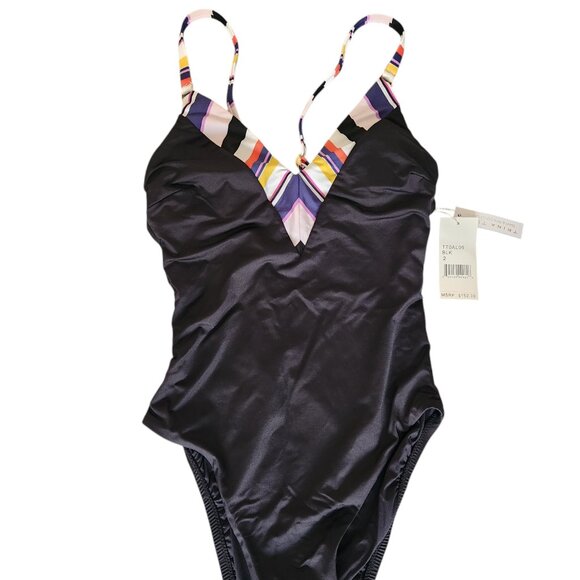 Tina Turk Black Treasure Cove V-Plunge One Piece Swimsuit TT0AL09 Size 2 NEW - Picture 1 of 4